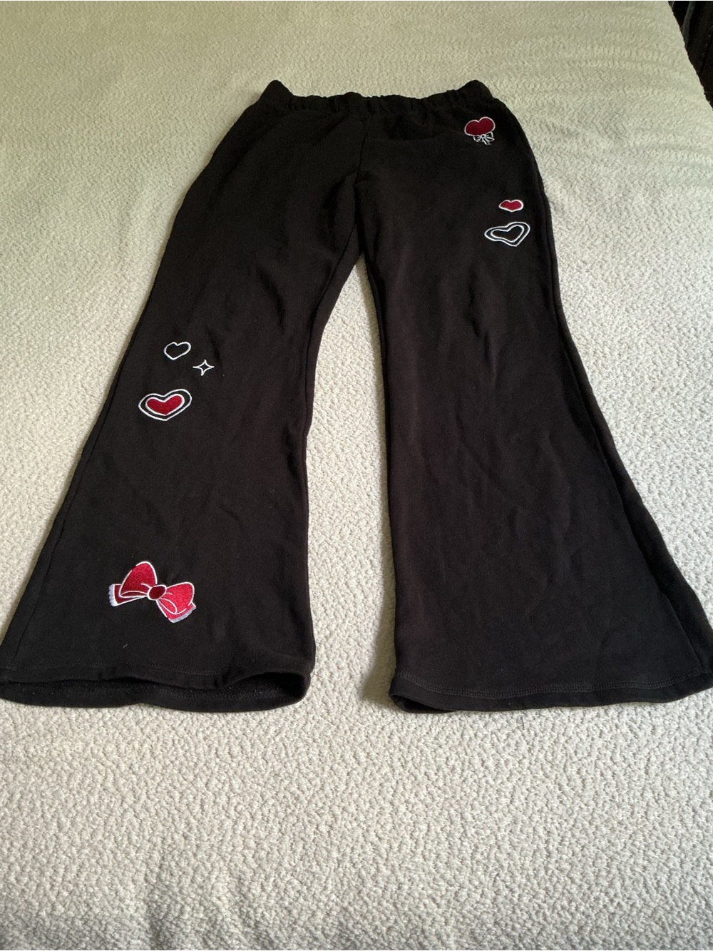 Hello Kitty Black Pajama Pants with Red & White Heart and Bow Embroidery